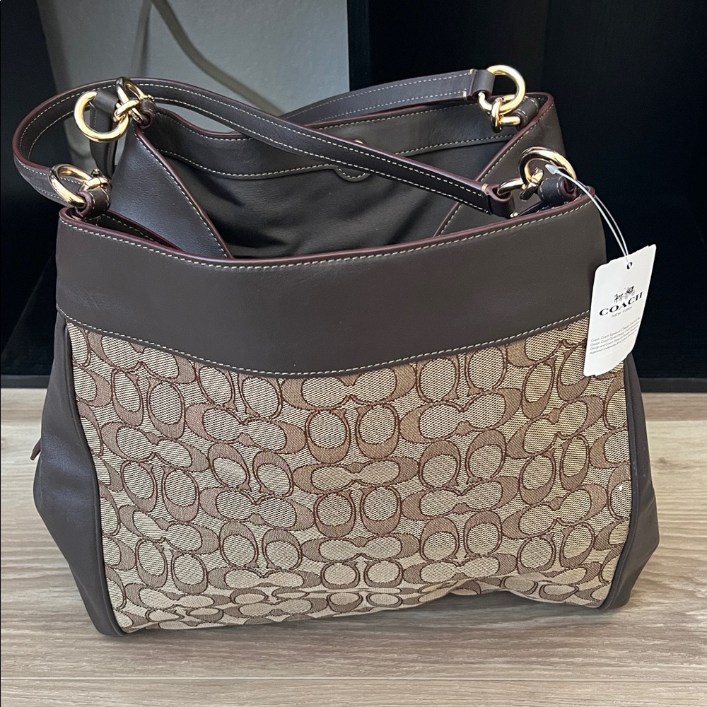 Coach Brown and Cream Signature Shoulder Bag